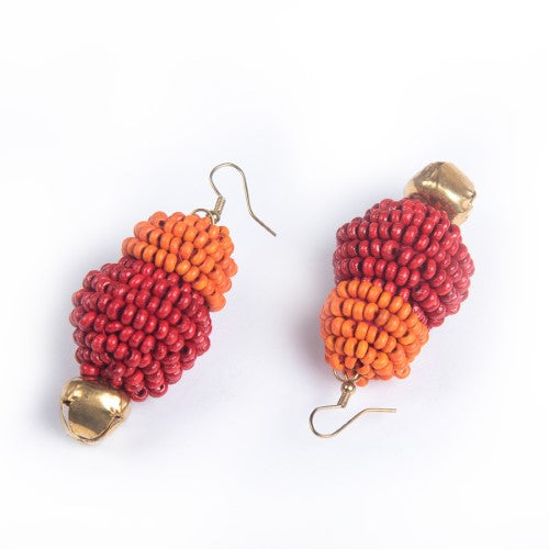 Scarlet Red Orange Gold Wooden beads Ghungroo Ear rings