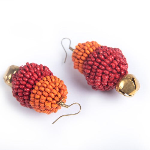 Scarlet Red Orange Gold Wooden beads Ghungroo Ear rings