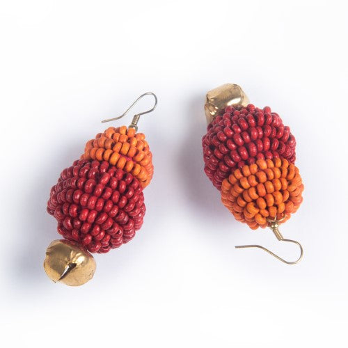 Scarlet Red Orange Gold Wooden beads Ghungroo Ear rings