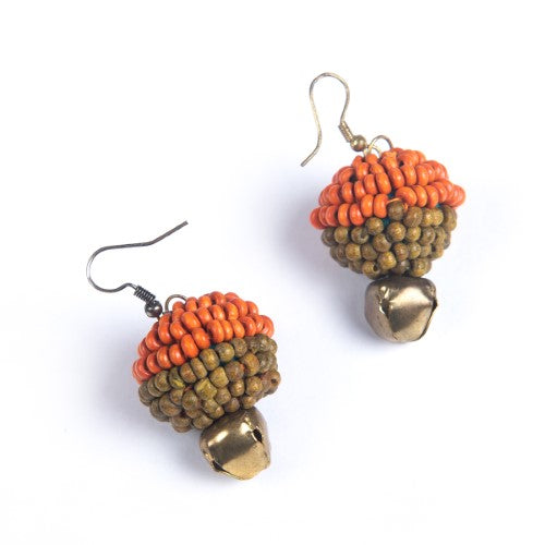 Moss Green Orange Gold Wooden beads Ghungroo Ear rings