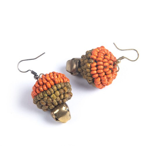 Moss Green Orange Gold Wooden beads Ghungroo Ear rings