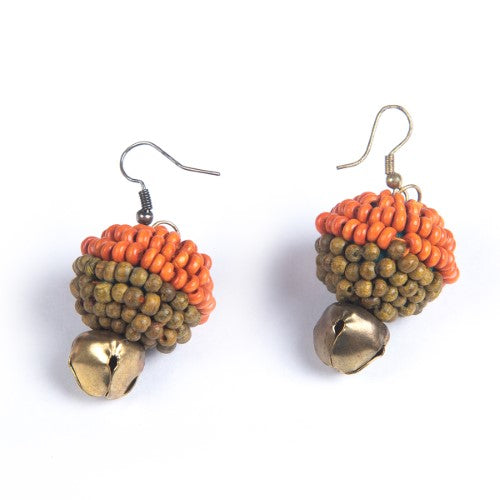 Moss Green Orange Gold Wooden beads Ghungroo Ear rings