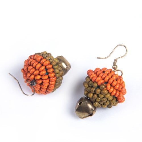 Moss Green Orange Gold Wooden beads Ghungroo Ear rings