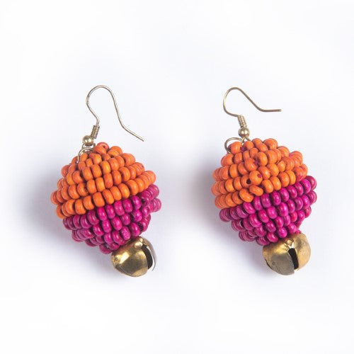 Aurum Pink Orange Gold Wooden beads Ghungroo Ear rings