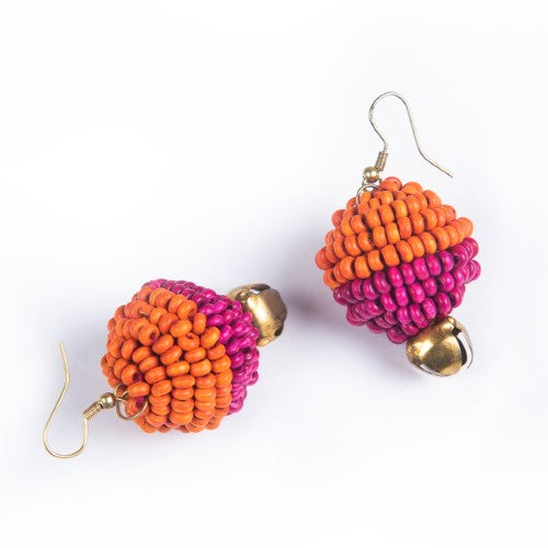 Aurum Pink Orange Gold Wooden beads Ghungroo Ear rings