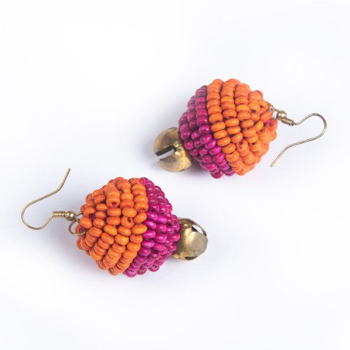 Aurum Pink Orange Gold Wooden beads Ghungroo Ear rings