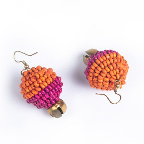 Aurum Pink Orange Gold Wooden beads Ghungroo Ear rings