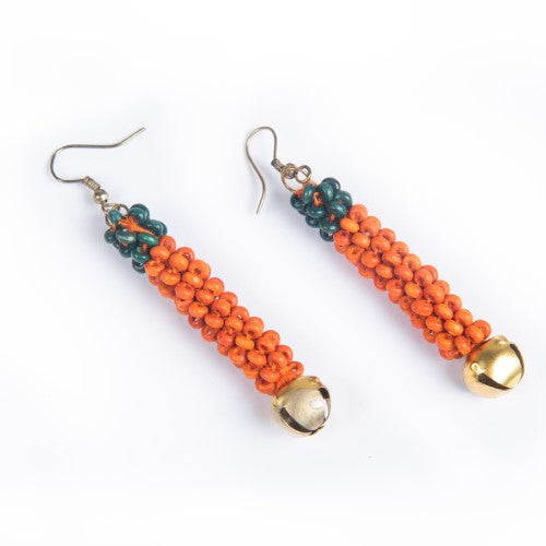 Marigold Orange Teal Gold Wooden beads Ghungroo Ear rings