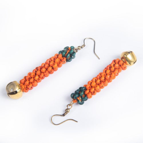 Marigold Orange Teal Gold Wooden beads Ghungroo Ear rings