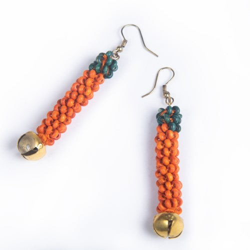 Marigold Orange Teal Gold Wooden beads Ghungroo Ear rings