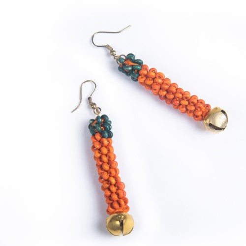 Marigold Orange Teal Gold Wooden beads Ghungroo Ear rings