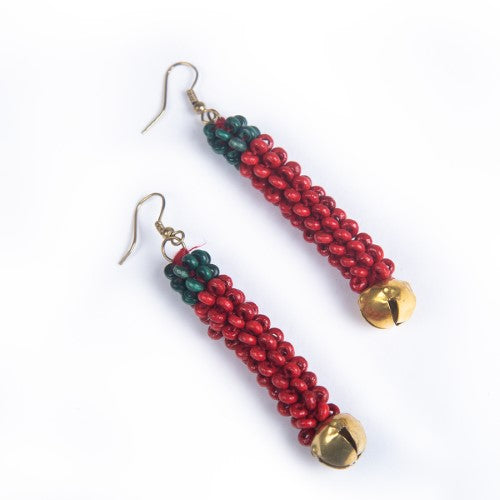 Parrot Red Green Gold Wooden beads Ghungroo Ear rings