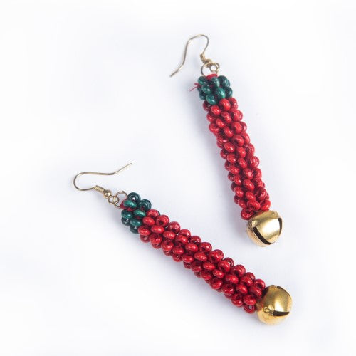 Parrot Red Green Gold Wooden beads Ghungroo Ear rings