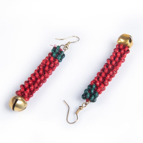 Parrot Red Green Gold Wooden beads Ghungroo Ear rings