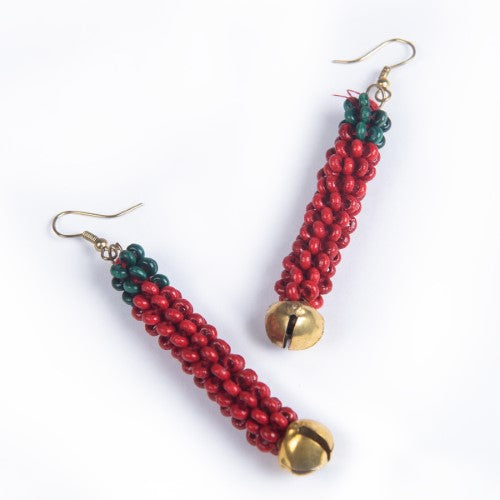 Parrot Red Green Gold Wooden beads Ghungroo Ear rings