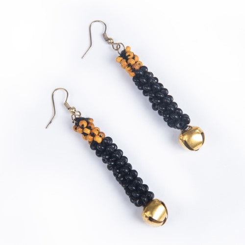 Pitch Black Yellow Gold Wooden beads Ghungroo Ear rings