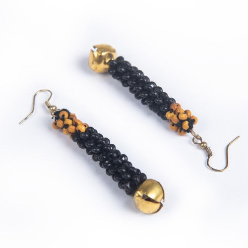 Pitch Black Yellow Gold Wooden beads Ghungroo Ear rings