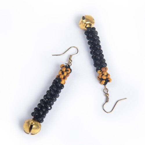 Pitch Black Yellow Gold Wooden beads Ghungroo Ear rings