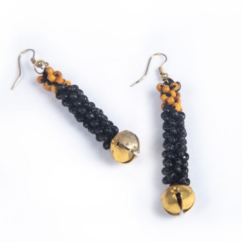 Pitch Black Yellow Gold Wooden beads Ghungroo Ear rings