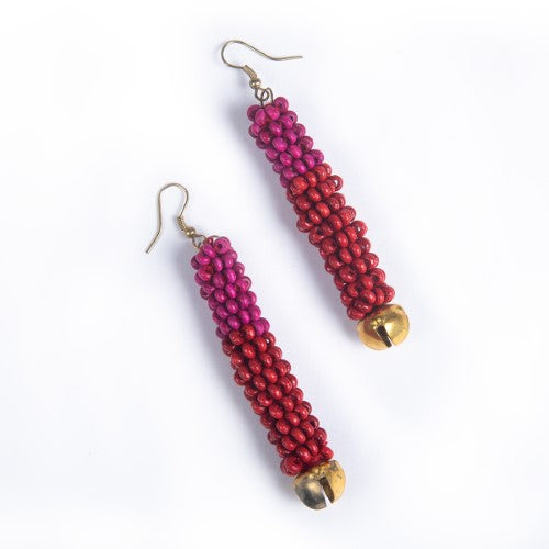 Lipstick Red Pink Gold Wooden beads Ghungroo Ear rings