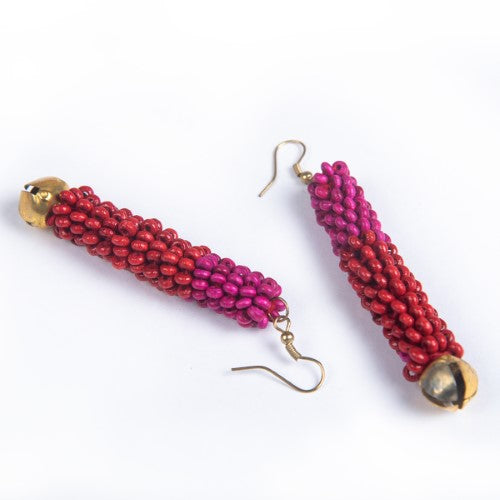 Lipstick Red Pink Gold Wooden beads Ghungroo Ear rings