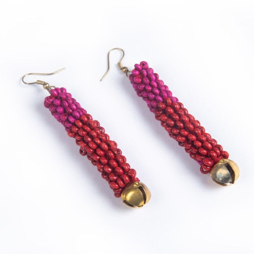 Lipstick Red Pink Gold Wooden beads Ghungroo Ear rings