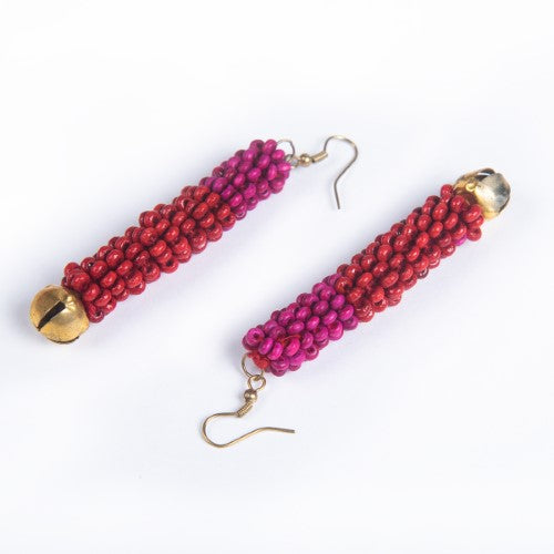 Lipstick Red Pink Gold Wooden beads Ghungroo Ear rings