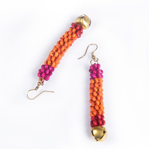 Tutti Fruity  Orange Red Pink Gold Wooden beads Ghungroo Ear rings