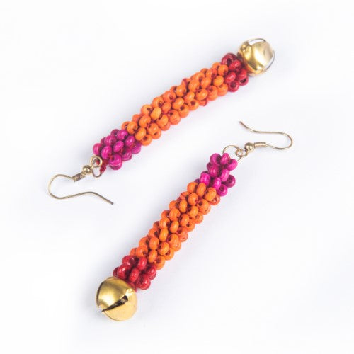 Tutti Fruity  Orange Red Pink Gold Wooden beads Ghungroo Ear rings