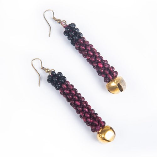 Wine Maroon Black Gold Wooden beads Ghungroo Ear rings