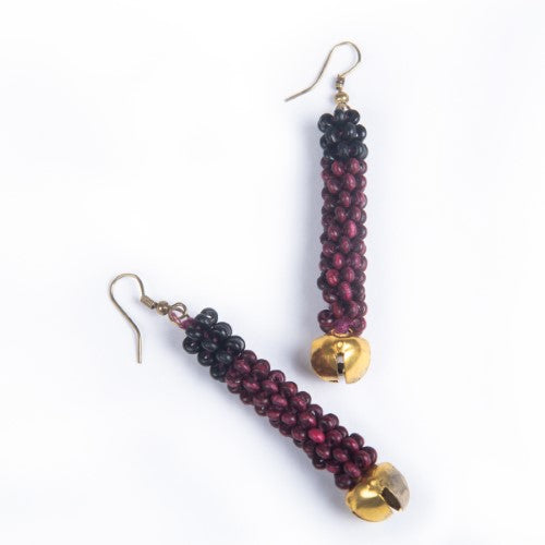 Wine Maroon Black Gold Wooden beads Ghungroo Ear rings