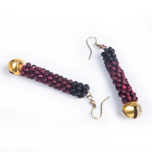 Wine Maroon Black Gold Wooden beads Ghungroo Ear rings