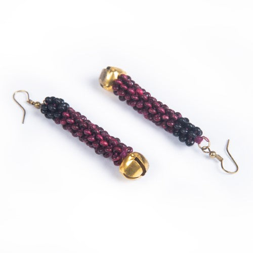 Wine Maroon Black Gold Wooden beads Ghungroo Ear rings