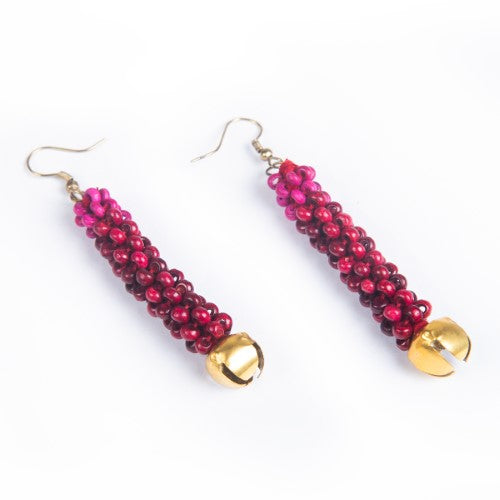 Rosewood Red Pink Gold Wooden beads Ghungroo Ear rings