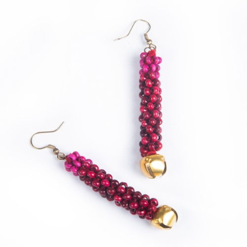 Rosewood Red Pink Gold Wooden beads Ghungroo Ear rings