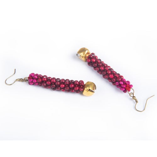 Rosewood Red Pink Gold Wooden beads Ghungroo Ear rings