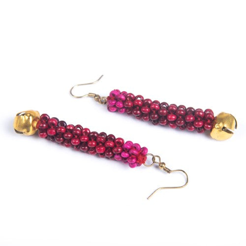 Rosewood Red Pink Gold Wooden beads Ghungroo Ear rings