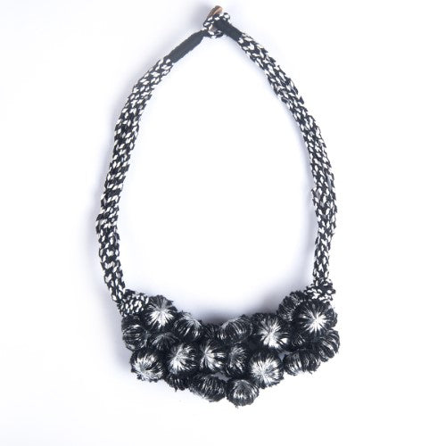 Star Light Black Silver Cotton Pom-Pom Textile Neckpiece