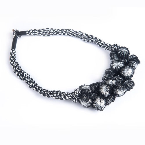 Star Light Black Silver Cotton Pom-Pom Textile Neckpiece