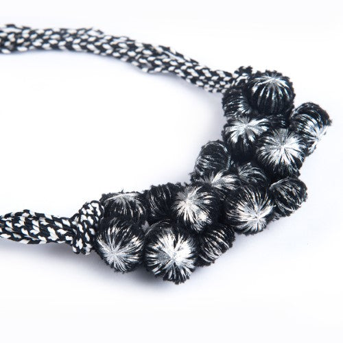 Star Light Black Silver Cotton Pom-Pom Textile Neckpiece