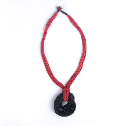 Rosette Red Black Cotton Dori Wooden Beads Neckpiece