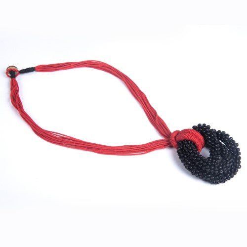 Rosette Red Black Cotton Dori Wooden Beads Neckpiece