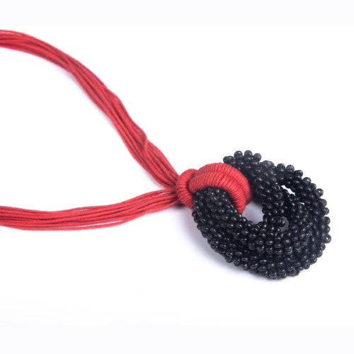 Rosette Red Black Cotton Dori Wooden Beads Neckpiece