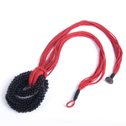 Rosette Red Black Cotton Dori Wooden Beads Neckpiece