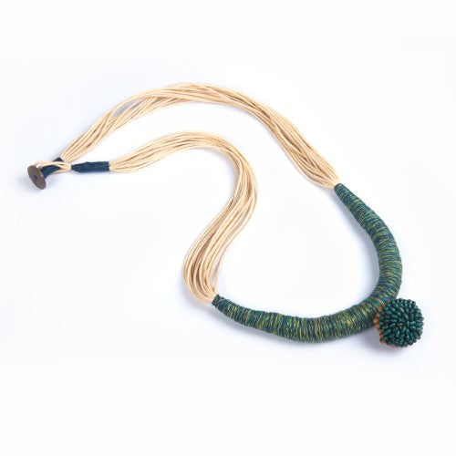 Yana Ecru Green Yellow Cotton Thread Wooden Beads  Dori Neckpiece