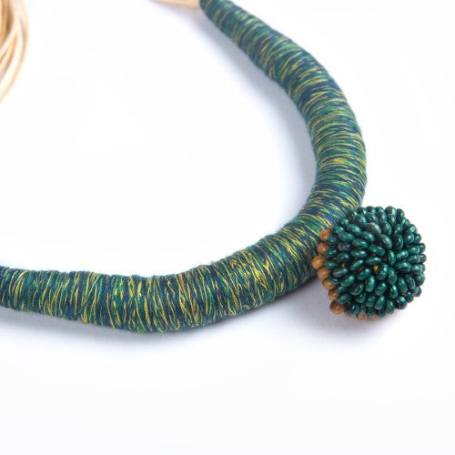 Yana Ecru Green Yellow Cotton Thread Wooden Beads  Dori Neckpiece