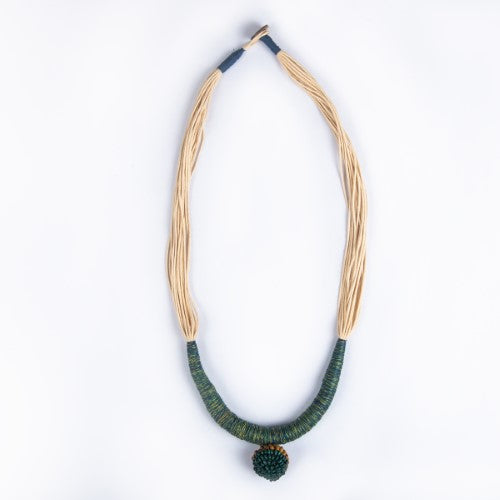 Yana Ecru Green Yellow Cotton Thread Wooden Beads  Dori Neckpiece