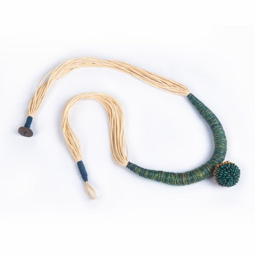 Yana Ecru Green Yellow Cotton Thread Wooden Beads  Dori Neckpiece