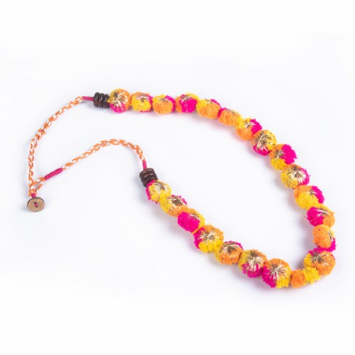 Aurora Multi Pink Yellow Orange Gold Cotton Pom-Pom Sustainable Neckpiece