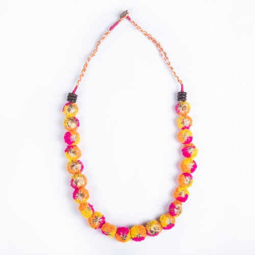 Aurora Multi Pink Yellow Orange Gold Cotton Pom-Pom Sustainable Neckpiece